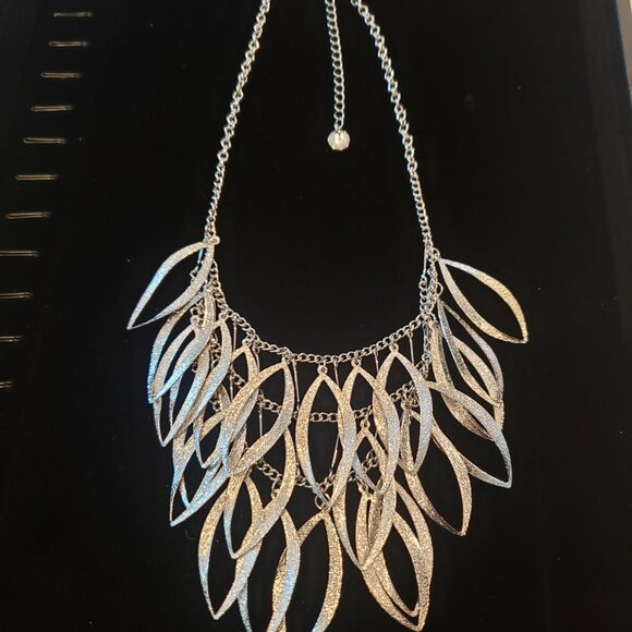 Triple Layered Brushed Silver Tone Feather Bib Necklace - Picture 8 of 13